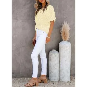 Dokotoo Summer Tops for Women Cute Floral Print Crewneck Smocked Puff Sleeve Blouses Babydoll Shirts for Women Teen Girls Casual Holiday Boho Clothing S Yellow