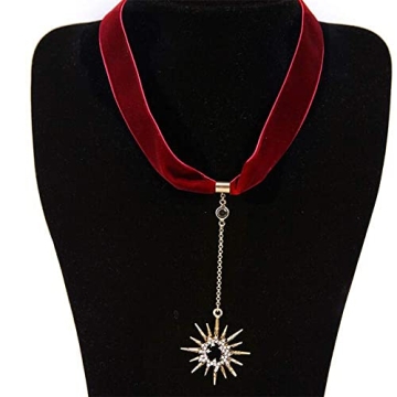 Anglacesmade Red Suede Y Necklace with Sun Pendant Charm
