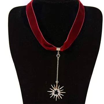 Anglacesmade Red Suede Y Necklace with Sun Pendant Charm