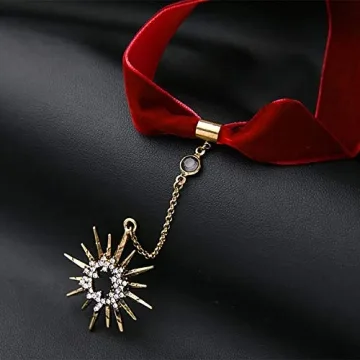 Anglacesmade Red Suede Y Necklace with Sun Pendant Charm