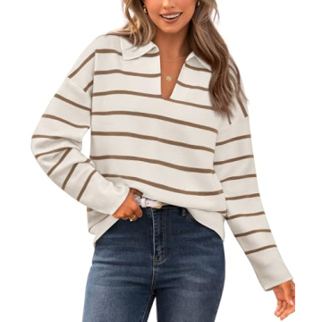 CFLONGE Women's 2024 Fall Winter Casual Breton Striped Long Sleeve Polo V Neck LightweightPullover S...