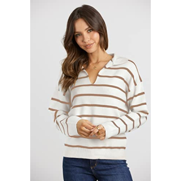 CFLONGE Women's Striped Long Sleeve Polo Sweater