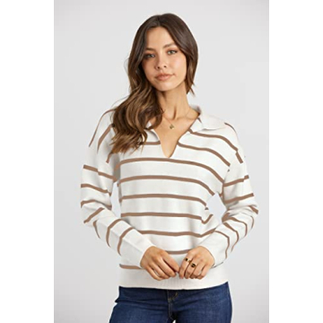 CFLONGE Women's Striped Long Sleeve Polo Sweater