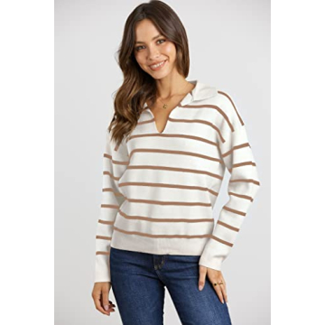 CFLONGE Women's Striped Long Sleeve Polo Sweater