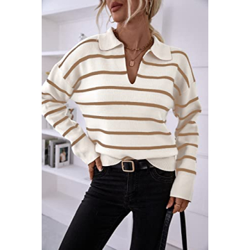 CFLONGE Women's Striped Long Sleeve Polo Sweater