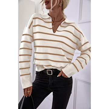 CFLONGE Women's Striped Long Sleeve Polo Sweater