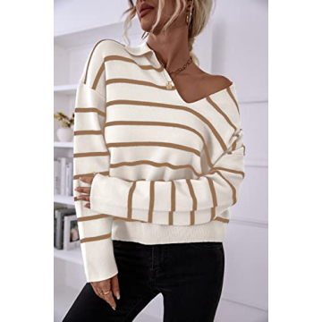 CFLONGE Women's Striped Long Sleeve Polo Sweater