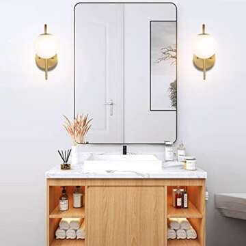 BYOLIIMA Modern Gold Globe Wall Sconce Set of 2 Industrial Mid Century Bathroom Vanity Wall Light with White Globe Glass Shade Brushed Brass Wall Lamp for Restaurant Living Room Bedside