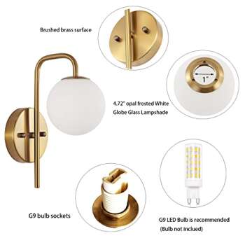 BYOLIIMA Modern Gold Globe Wall Sconce Set of 2 Industrial Mid Century Bathroom Vanity Wall Light with White Globe Glass Shade Brushed Brass Wall Lamp for Restaurant Living Room Bedside