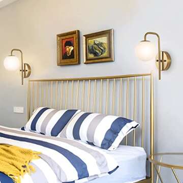 BYOLIIMA Modern Gold Globe Wall Sconce Set of 2 Industrial Mid Century Bathroom Vanity Wall Light with White Globe Glass Shade Brushed Brass Wall Lamp for Restaurant Living Room Bedside