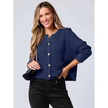 ANRABESS Women Cardigan Sweater Dressy Casual Classic Long Sleeve Crew Neck Button Down Tweed Knit Jacket 2025 Spring Outfits B1616 Dark Blue M