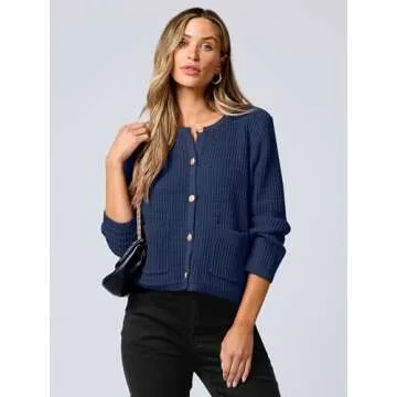ANRABESS Women Cardigan Sweater Dressy Casual Classic Long Sleeve Crew Neck Button Down Tweed Knit Jacket 2025 Spring Outfits B1616 Dark Blue M
