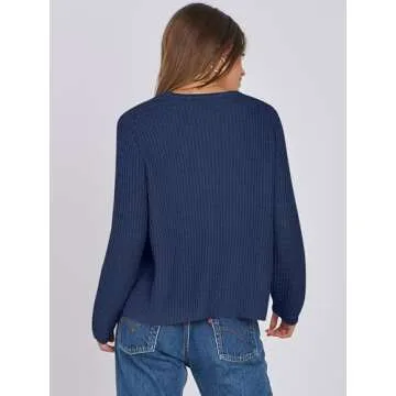 ANRABESS Women Cardigan Sweater Dressy Casual Classic Long Sleeve Crew Neck Button Down Tweed Knit Jacket 2025 Spring Outfits B1616 Dark Blue M