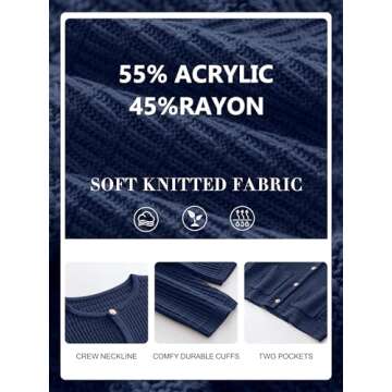 ANRABESS Women Cardigan Sweater Dressy Casual Classic Long Sleeve Crew Neck Button Down Tweed Knit Jacket 2025 Spring Outfits B1616 Dark Blue M