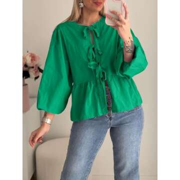 Tankaneo Womens Tie Front Tops Blouses Long Puff Sleeve Peplum Babydoll Bow Shirt Summer Coquette Tops Green