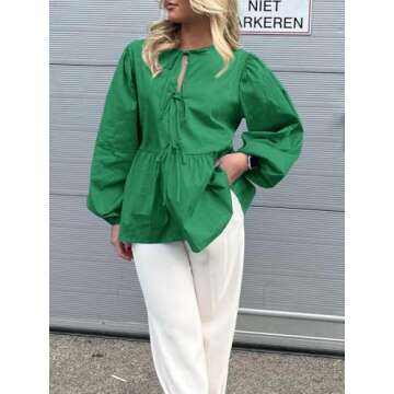 Tankaneo Womens Tie Front Tops Blouses Long Puff Sleeve Peplum Babydoll Bow Shirt Summer Coquette Tops Green