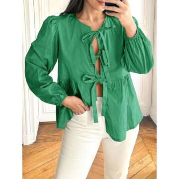 Tankaneo Womens Tie Front Tops Blouses Long Puff Sleeve Peplum Babydoll Bow Shirt Summer Coquette Tops Green