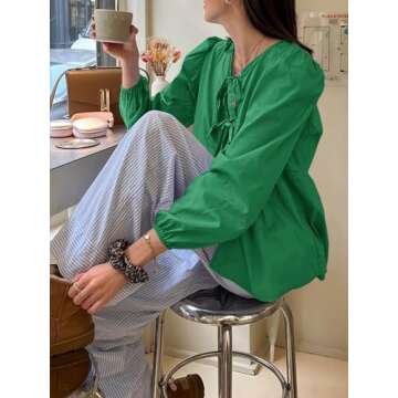 Tankaneo Womens Tie Front Tops Blouses Long Puff Sleeve Peplum Babydoll Bow Shirt Summer Coquette Tops Green
