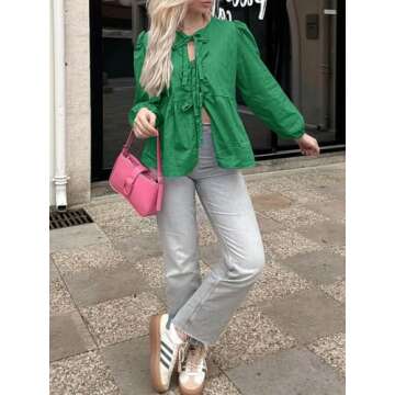 Tankaneo Womens Tie Front Tops Blouses Long Puff Sleeve Peplum Babydoll Bow Shirt Summer Coquette Tops Green