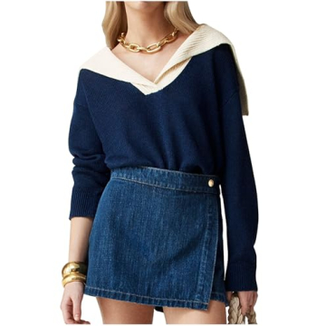 Women Sailor Collar Pullover Sweater Long Sleeves V-Neck Knit Ribbed Jumper Tops Navy
