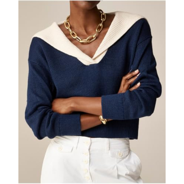 Women Sailor Collar Pullover Sweater Long Sleeves V-Neck Knit Ribbed Jumper Tops Navy