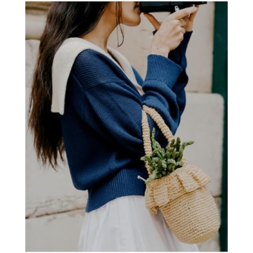 Women Sailor Collar Pullover Sweater Long Sleeves V-Neck Knit Ribbed Jumper Tops Navy