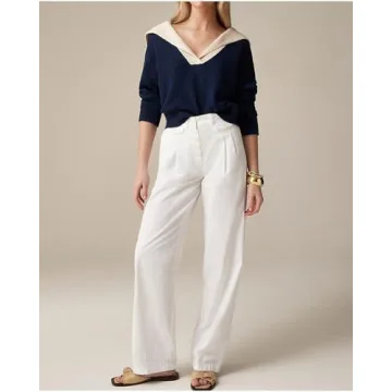 Women Sailor Collar Pullover Sweater Long Sleeves V-Neck Knit Ribbed Jumper Tops Navy