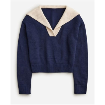Women Sailor Collar Pullover Sweater Long Sleeves V-Neck Knit Ribbed Jumper Tops Navy
