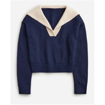 Women Sailor Collar Pullover Sweater Long Sleeves V-Neck Knit Ribbed Jumper Tops Navy