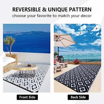 EDWINENE Outdoor Rug 6x9 Waterproof for Patios, Reversible Modern Area Rug Mat, Plastic Straw Rug for RV, Deck, Trailer, Balcony, Backyard, Picnic, Beach, Camping, Black and White