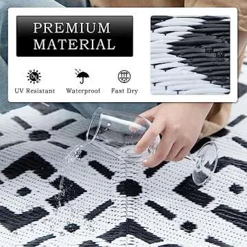 EDWINENE Outdoor Rug 6x9 Waterproof for Patios, Reversible Modern Area Rug Mat, Plastic Straw Rug for RV, Deck, Trailer, Balcony, Backyard, Picnic, Beach, Camping, Black and White