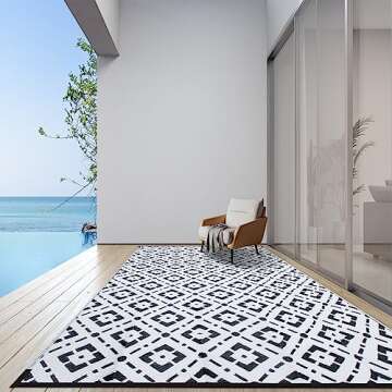 EDWINENE Outdoor Rug 6x9 Waterproof for Patios, Reversible Modern Area Rug Mat, Plastic Straw Rug for RV, Deck, Trailer, Balcony, Backyard, Picnic, Beach, Camping, Black and White