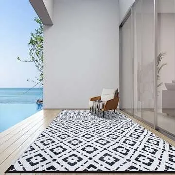 EDWINENE Outdoor Rug 6x9 Waterproof for Patios, Reversible Modern Area Rug Mat, Plastic Straw Rug for RV, Deck, Trailer, Balcony, Backyard, Picnic, Beach, Camping, Black and White