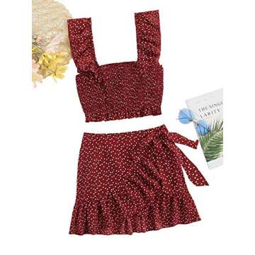 MakeMeChic Women's Two Piece Ruffle Trim Cami Crop Top and Wrap Skirt Set Burgundy S