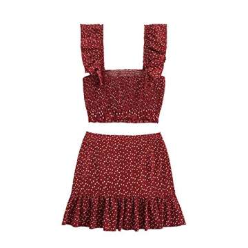 MakeMeChic Women's Two Piece Ruffle Trim Cami Crop Top and Wrap Skirt Set Burgundy S