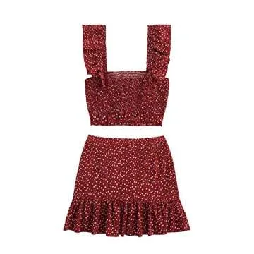 MakeMeChic Women's Two Piece Ruffle Trim Cami Crop Top and Wrap Skirt Set Burgundy S