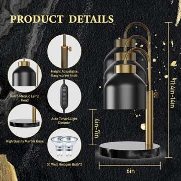 AIKUT Candle Warmer Lamp, with 2 Bulbs,Timer & Dimmer,Height Adjustable Electric Top Candle Melter,Compatible with Large Yankee Candle Jars,3 Wick Candles,110-120v, (Black Marble)