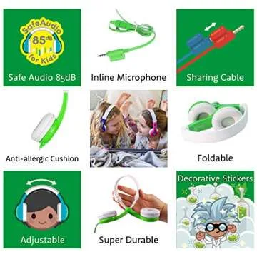 BuddyPhones Explore Non Foldable - Kids Volume Limiting Headphones - Built-In Audio Sharing Cable and In-Line Mic - Compatible with Fire, iPad, iPhone and Android Devices- Green