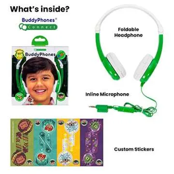 BuddyPhones Explore Non Foldable - Kids Volume Limiting Headphones - Built-In Audio Sharing Cable and In-Line Mic - Compatible with Fire, iPad, iPhone and Android Devices- Green