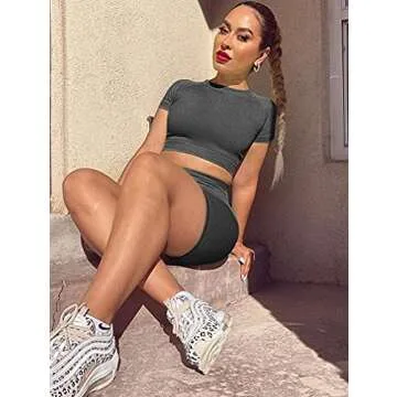 GXIN Women Workout 2 Piece Outfit Yoga Stretch Top Set High Waist Sport Shorts Grey