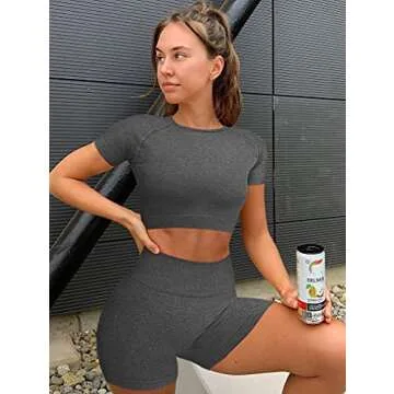 GXIN Women Workout 2 Piece Outfit Yoga Stretch Top Set High Waist Sport Shorts Grey