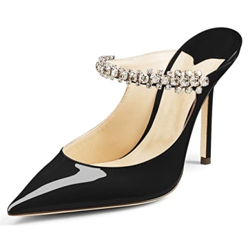 Jimishow Black Mule Heels for Women - Stylish Rhinestone Heeled Sandals