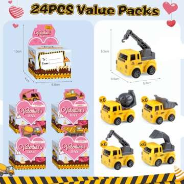 Valentines Day Gifts for Kids, 24 Pack Trucks Valentines Cards with Construction Vehicles Toys Car f...