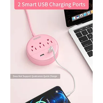 10 ft Pink Power Strip with USB for Travel and Home