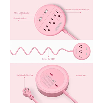 10 ft Pink Power Strip with USB for Travel and Home