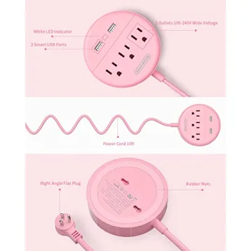 10 ft Pink Power Strip with USB for Travel and Home