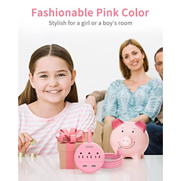 10 ft Pink Power Strip with USB for Travel and Home
