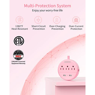 10 ft Pink Power Strip with USB for Travel and Home