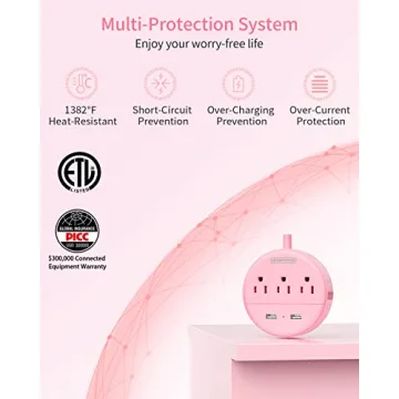 10 ft Pink Power Strip with USB for Travel and Home