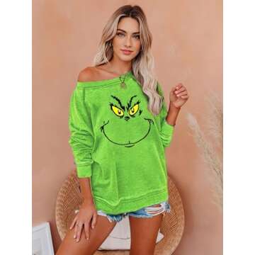 LIK EPOCH Womens Christmas Sweatshirt Long Sleeve Crewneck Vintage Blouse Graphic Sweater Christmas Large Green